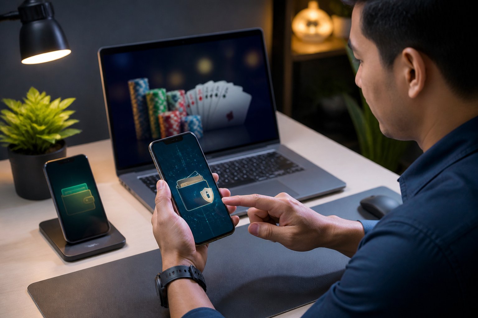 Seseorang menggunakan ponsel dan laptop dengan tampilan abstrak bertema poker serta pembayaran digital di meja modern.