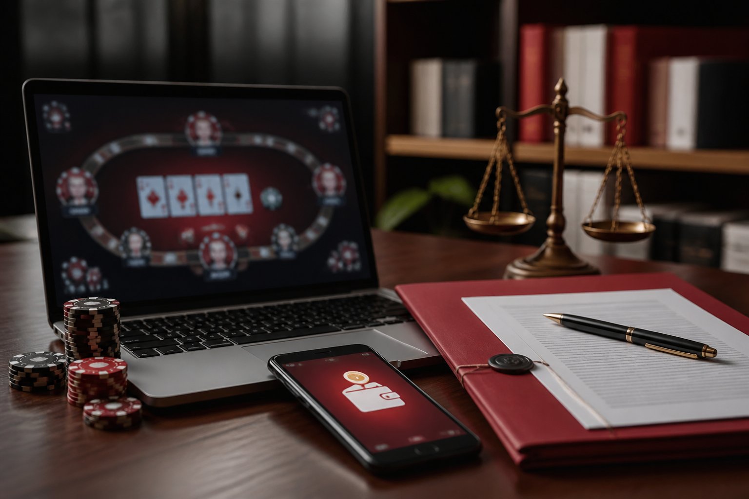 Laptop dengan tampilan poker abstrak, ponsel, dan dokumen hukum di atas meja.