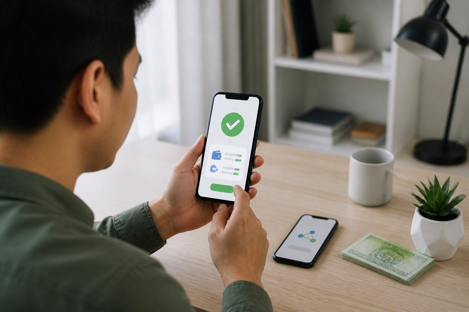 Seseorang memeriksa konfirmasi transaksi deposit melalui ponsel di meja kerja.