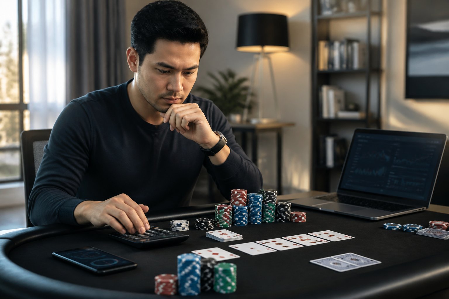 Seseorang menghitung tumpukan chip poker menggunakan kalkulator di meja dengan laptop dan kartu poker.
