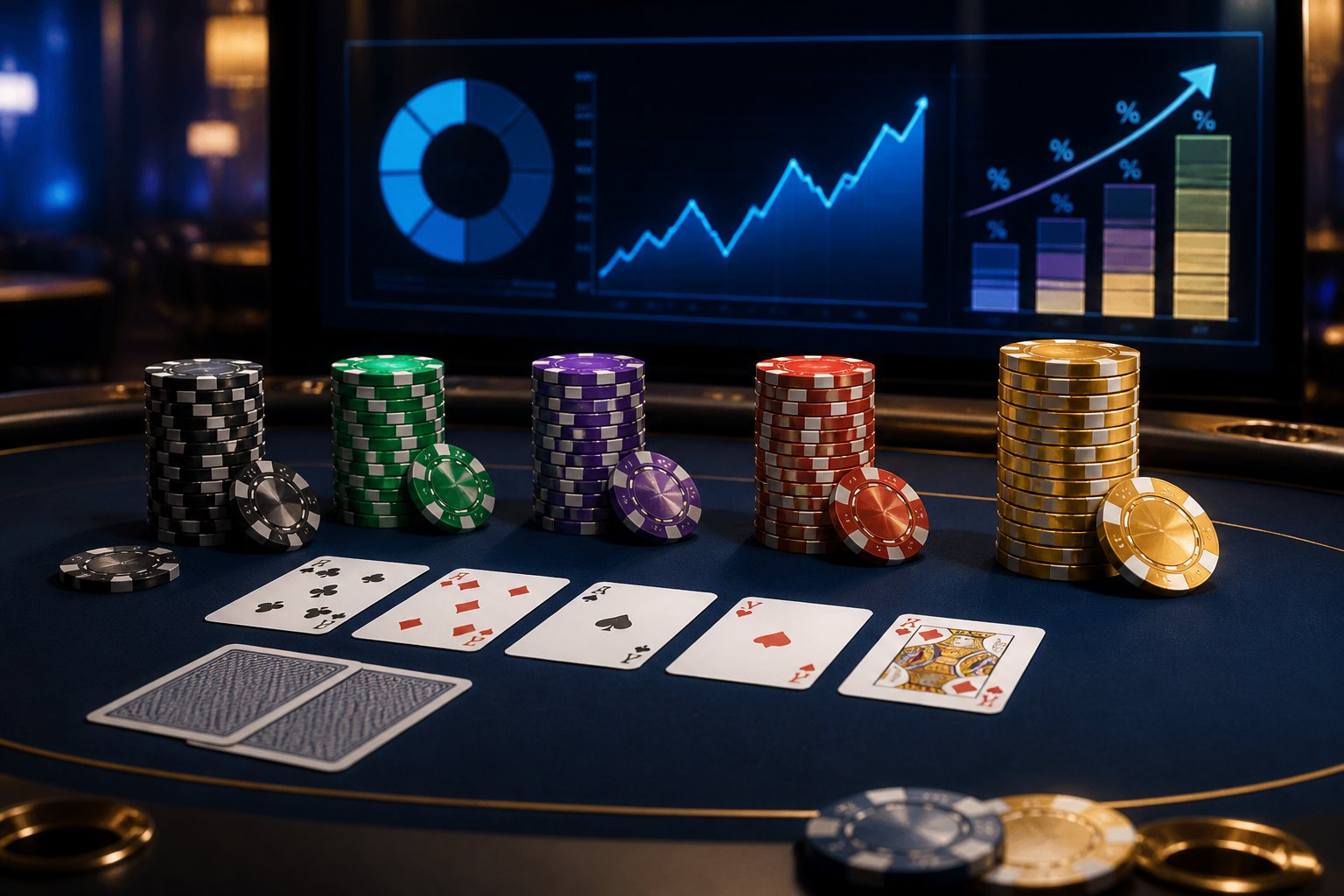 Meja poker dengan kartu, tumpukan chip, dan tampilan perbandingan angka abstrak.