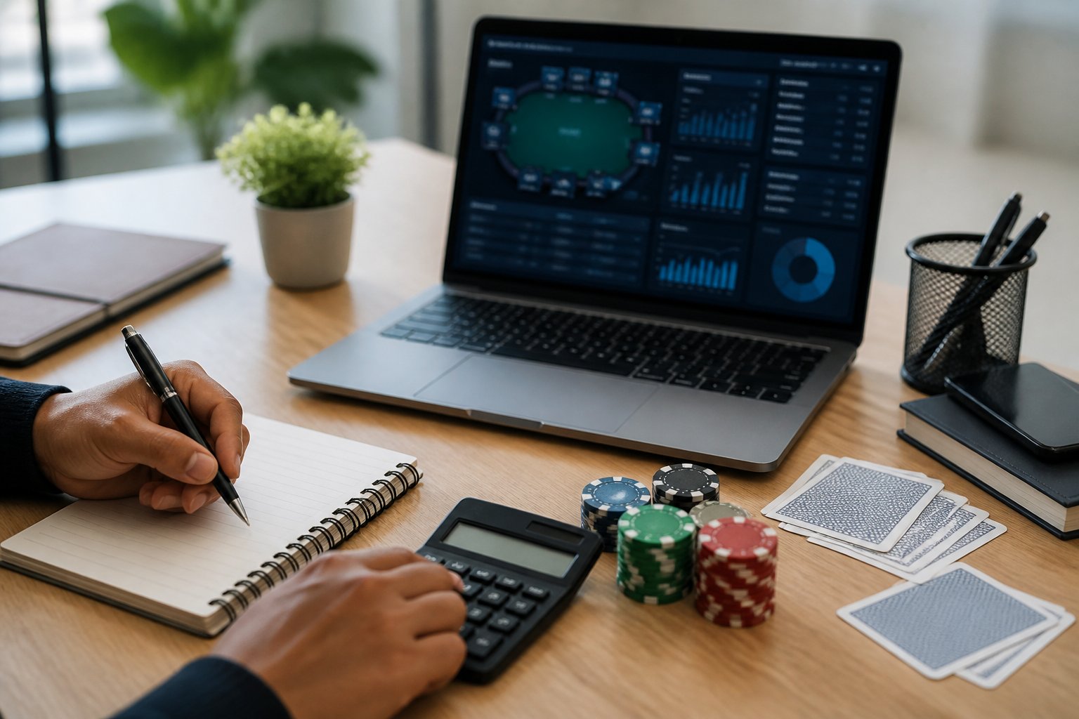 Tangan orang dewasa menghitung chip poker dan menyusun catatan keuangan di samping laptop.
