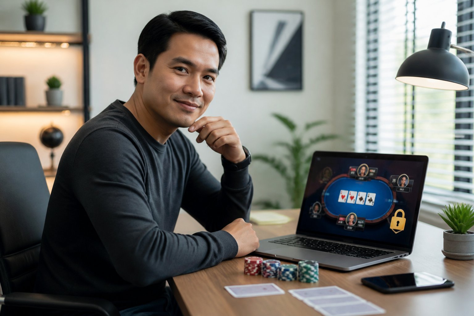 Seorang pemain poker Indonesia menggunakan laptop di ruang kerja modern dengan kartu dan menjaga poker di meja.