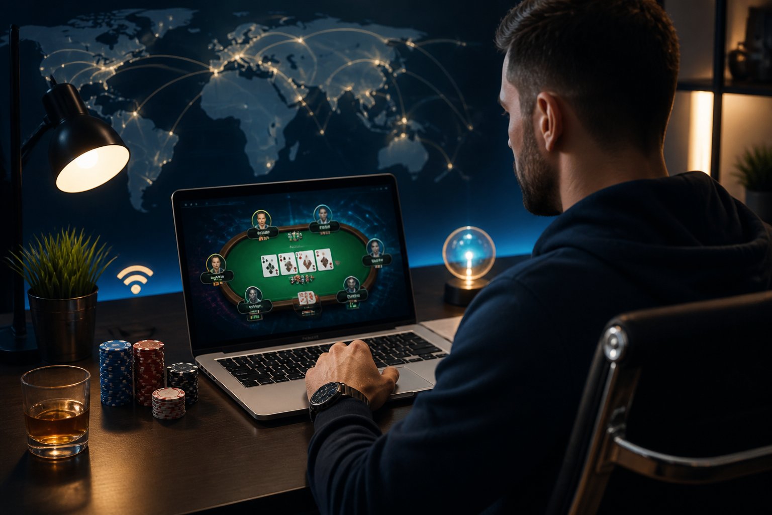 Seorang pemain menggunakan laptop untuk bermain poker online di ruang kerja modern dengan koneksi jaringan global.