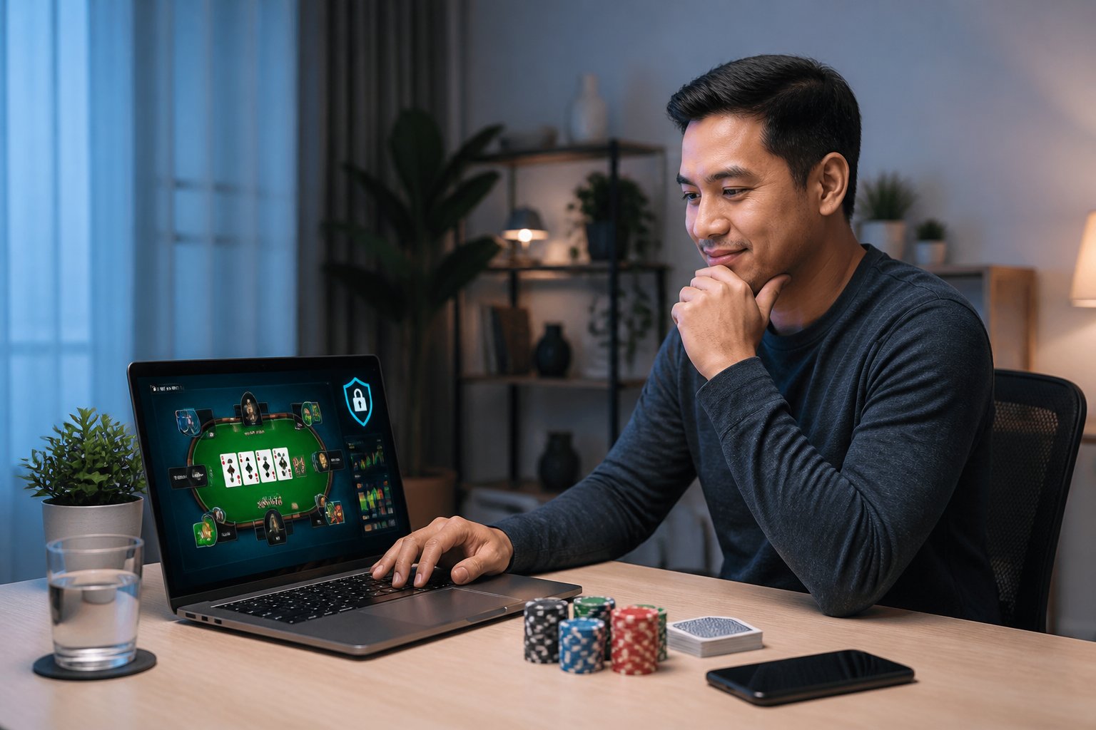Pemain Indonesia sedang menggunakan laptop untuk menganalisis permainan poker online di ruang kerja modern.