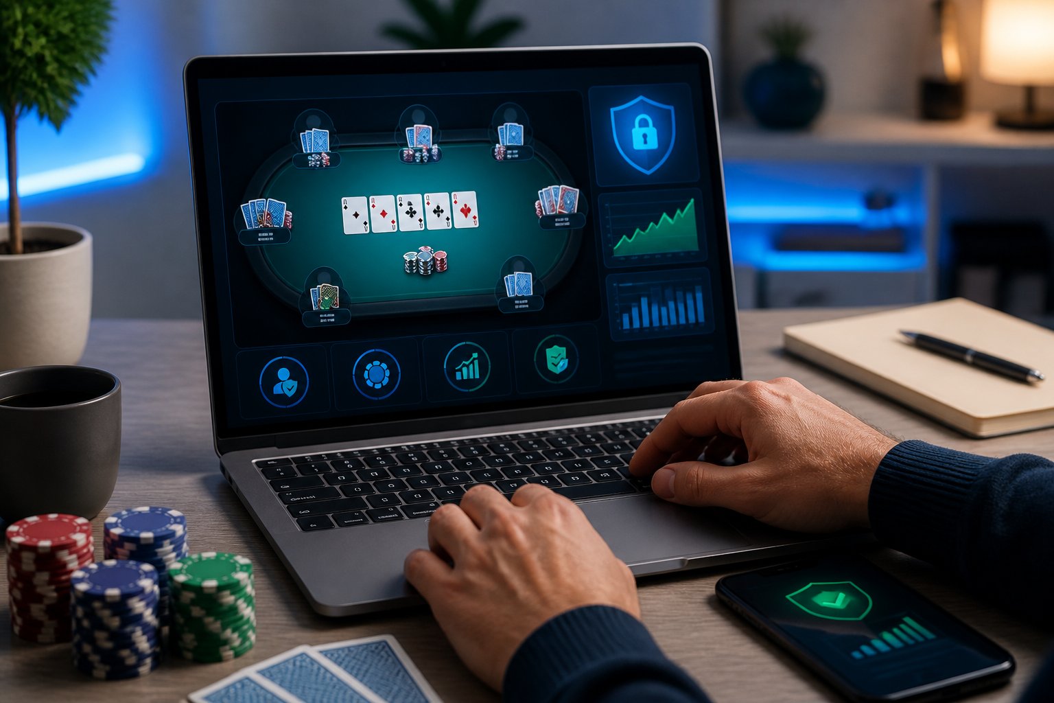 Seseorang menggunakan laptop dengan tampilan meja poker digital, kartu, penyimpanan poker, dan simbol keamanan di ruang kerja modern.