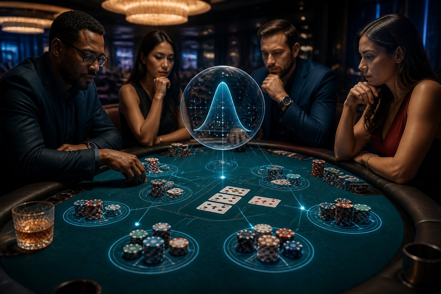 Meja poker dengan kartu, chip, dan pemain yang sedang menganalisis peluang permainan.