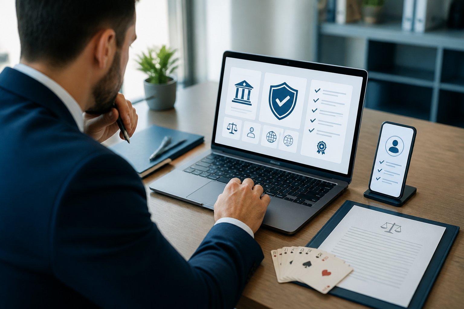 Seseorang memeriksa dokumen legalitas dan indikator verifikasi platform poker online menggunakan laptop di meja kerja.
