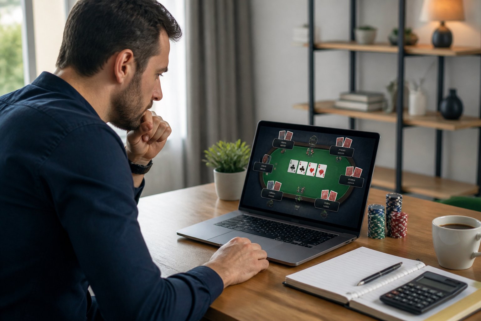Seseorang merencanakan permainan poker online dengan modal kecil di meja kerja.