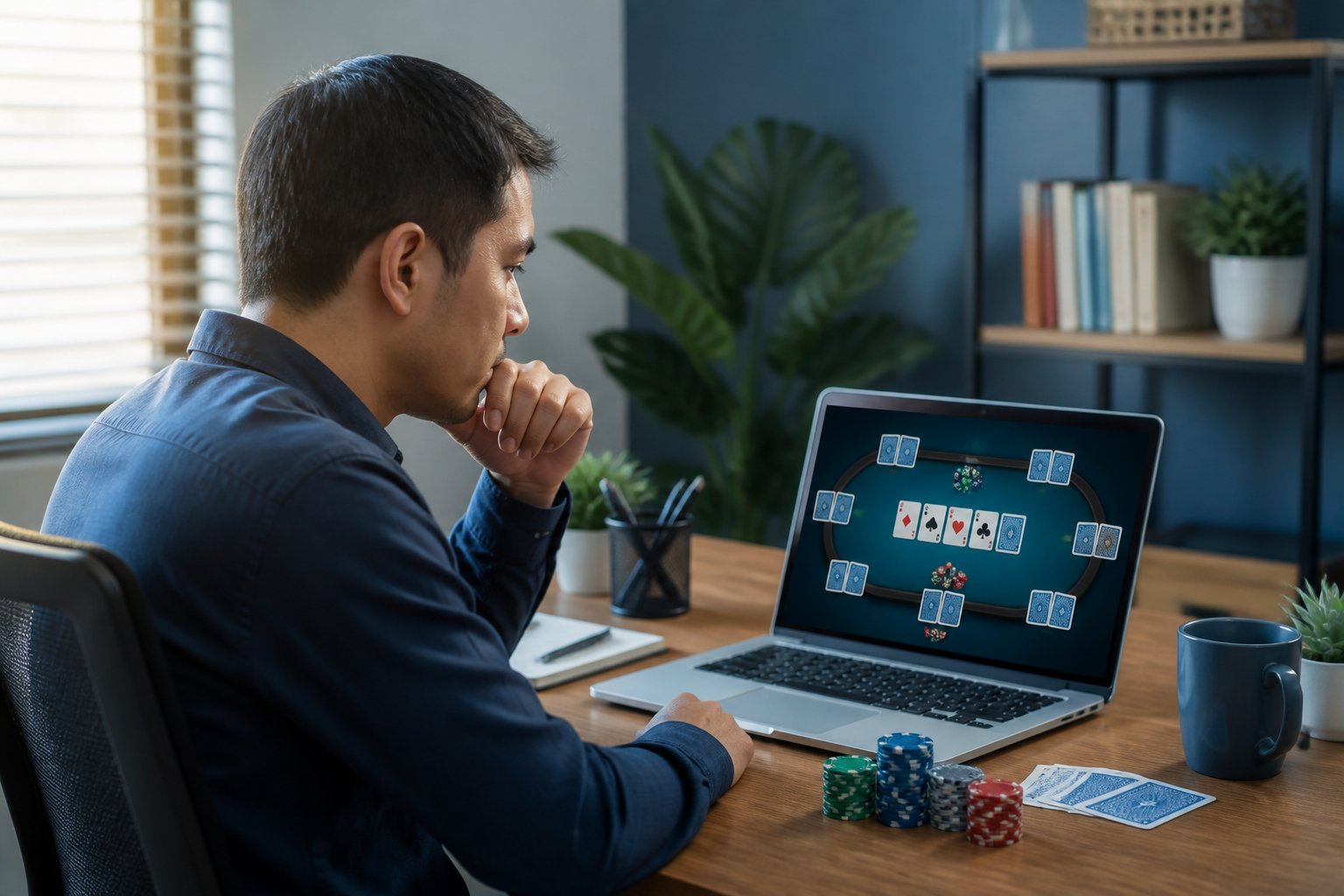 Seorang pemula mempelajari permainan poker online di laptop dengan kartu dan menjaga poker di meja.