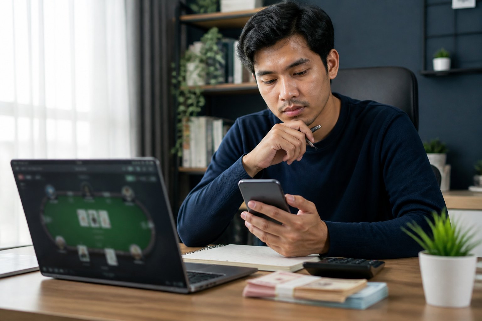 Seseorang mengulas anggaran hiburan terbatas di meja kerja dengan ponsel, komputer, buku catatan, dan laptop bertema poker.
