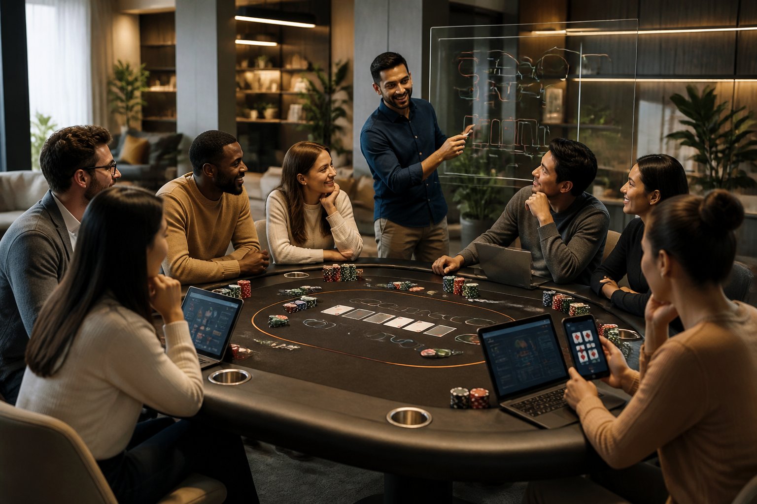 Sekelompok pemain poker dewasa berdiskusi dan berinteraksi di ruang komunitas modern dengan laptop dan meja permainan.