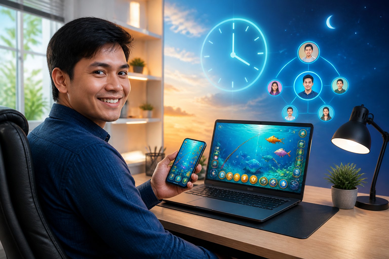 Orang dewasa menggunakan laptop dan ponsel untuk bermain permainan memancing dengan tampilan ikan, laut, dan jaringan pengguna.