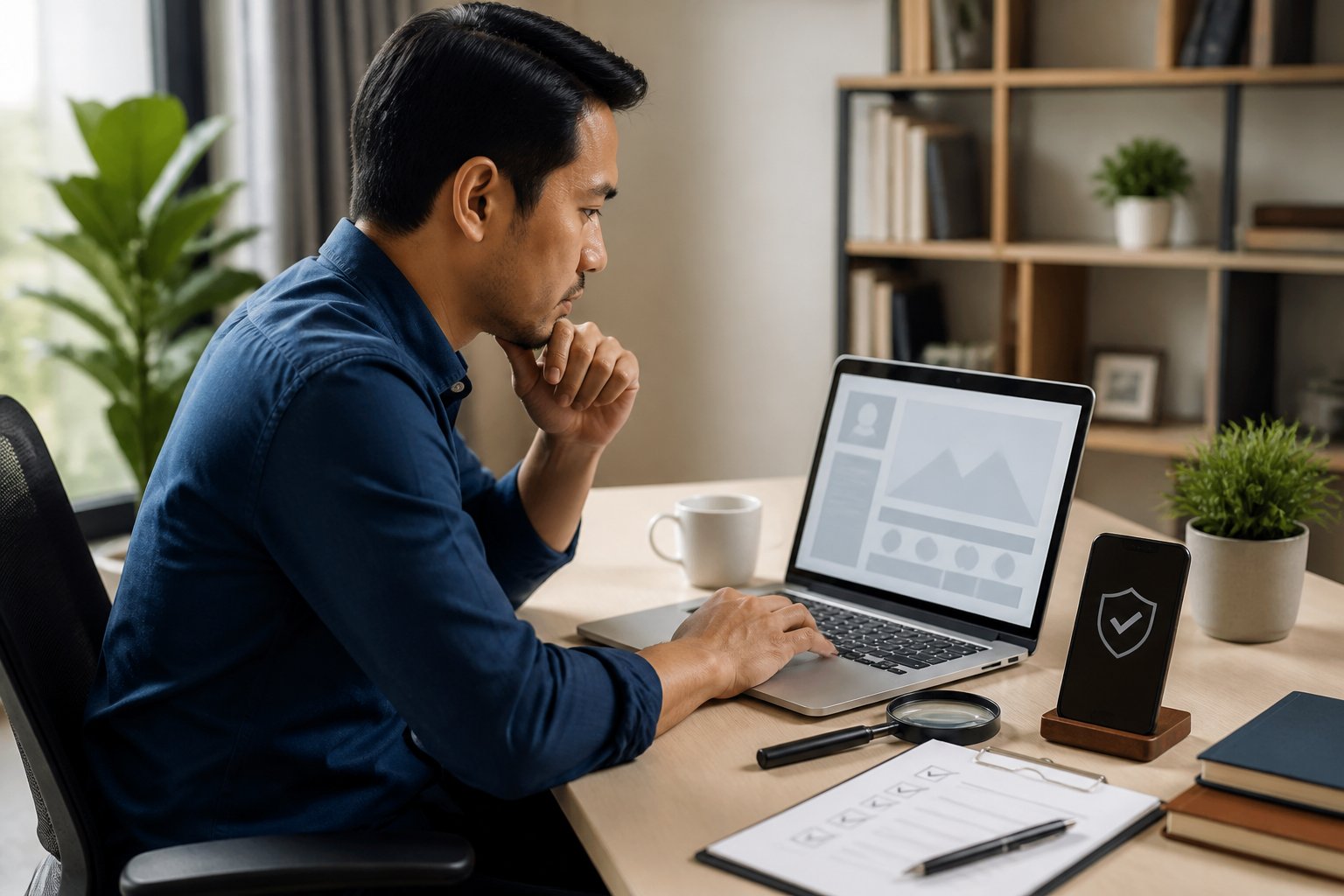Platform pemeriksaan profesional online dengan laptop, kaca pembesar, daftar periksa, dan ikon keamanan.