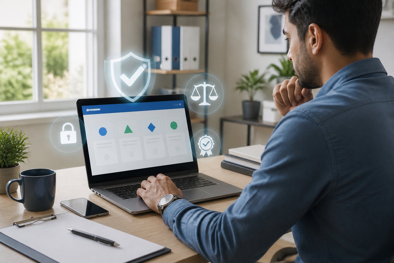 Seseorang menilai keamanan beberapa platform digital di laptop dalam ruang kerja modern dengan simbol perlindungan dan verifikasi.