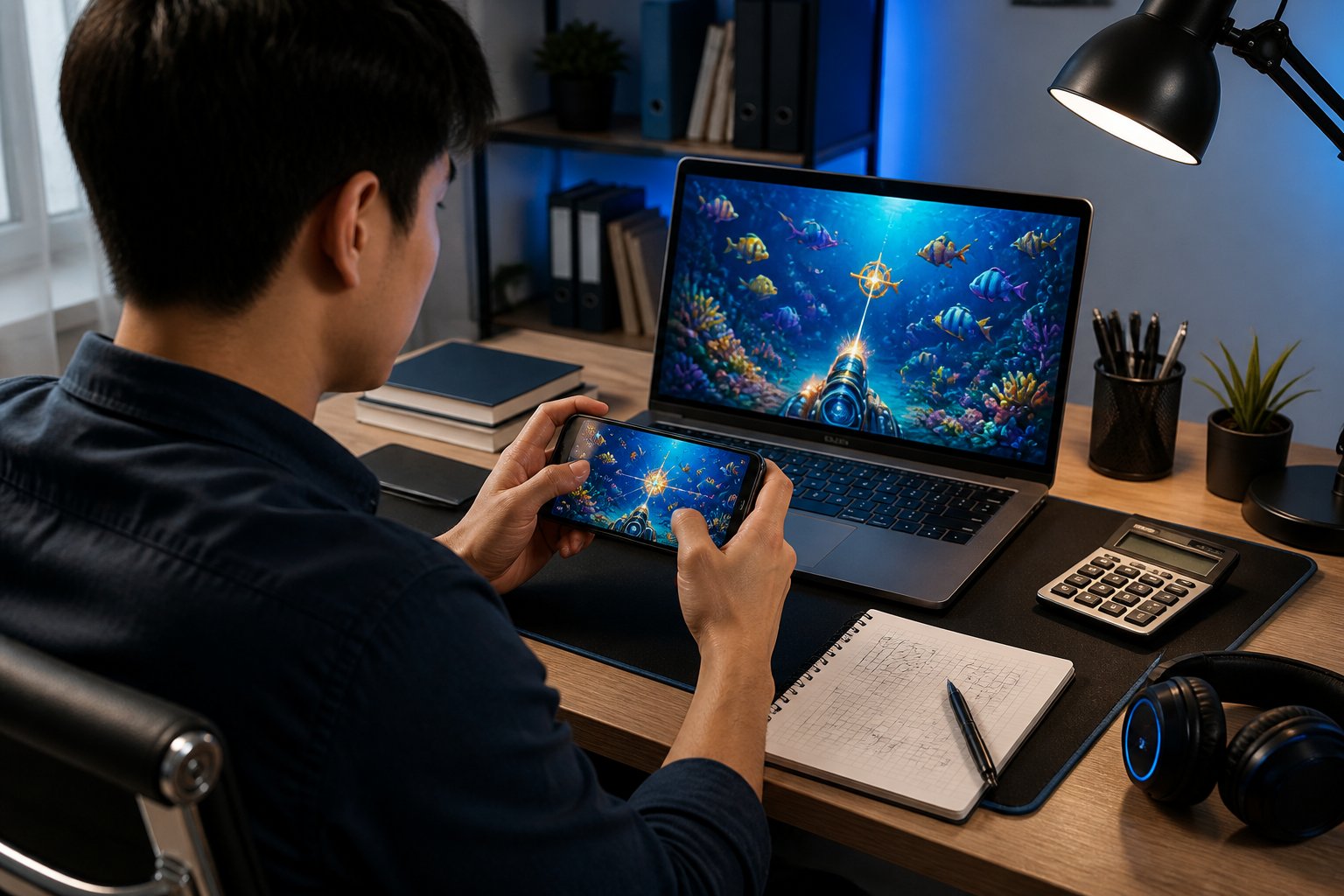 Seseorang bermain gim memotret ikan di perangkat digital dengan catatan strategi di meja.
