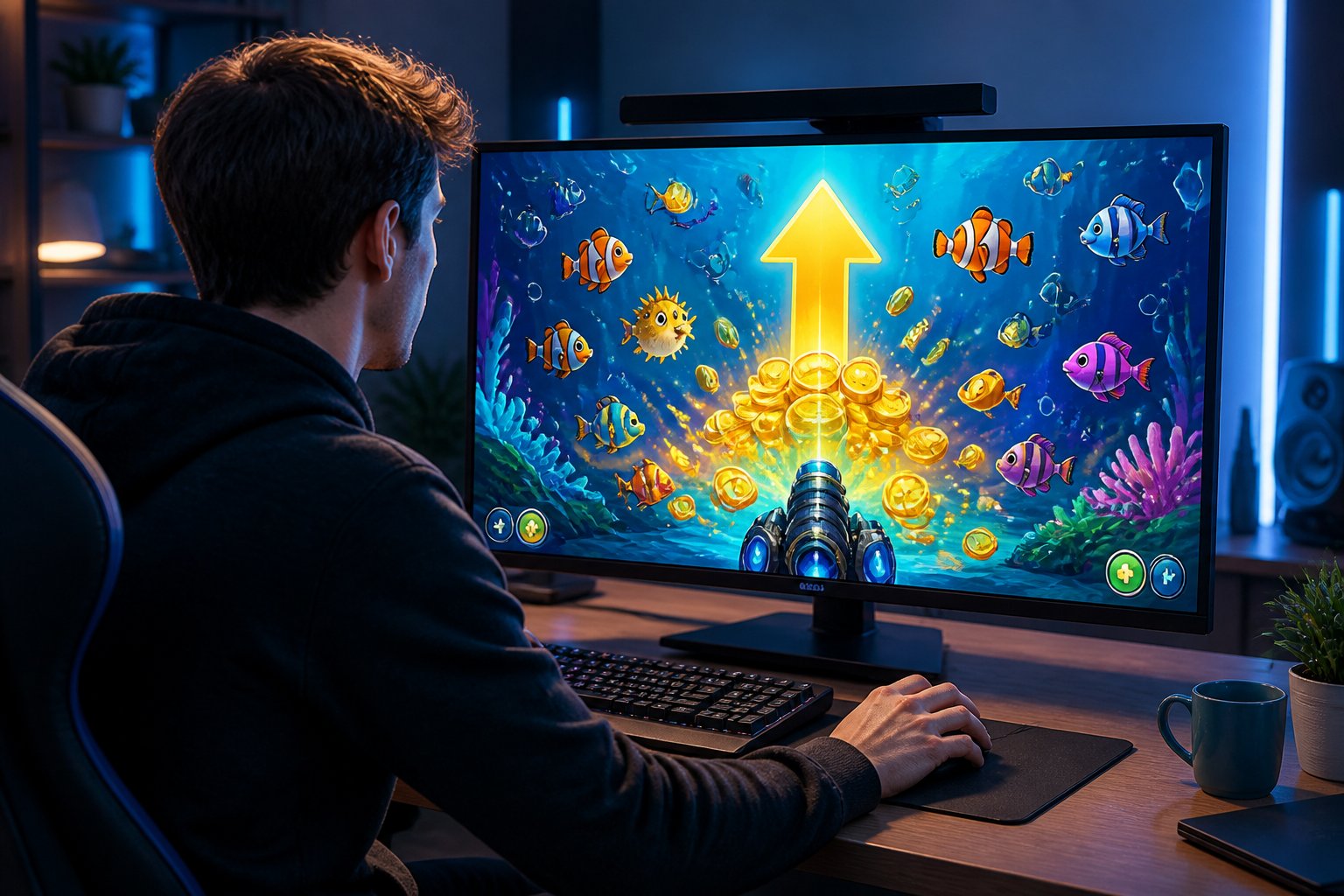 Seorang pemain menikmati permainan tembak ikan digital dengan ilustrasi koin bonus dan efek cahaya di layar.