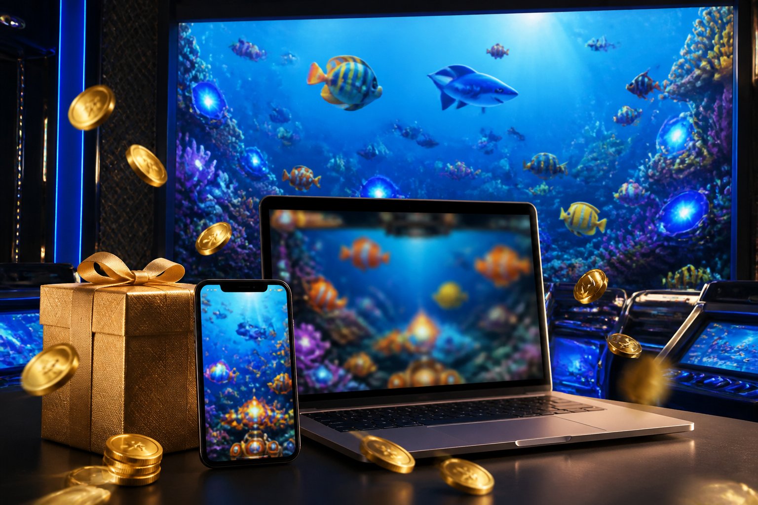 Suasana ruang permainan modern dengan layar menampilkan ikan berwarna-warni di bawah laut, perangkat digital, dan hadiah emas.