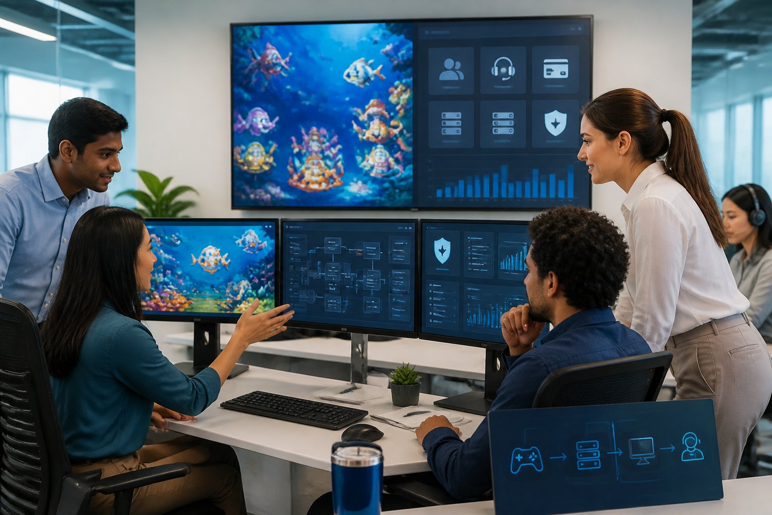 Tim profesional mengelola platform permainan digital di ruang kantor modern dengan beberapa monitor.