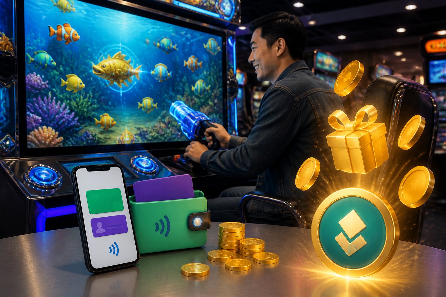 Seseorang memainkan mesin tembak ikan di arena permainan dengan ponsel dan simbol bonus di lingkungan.
