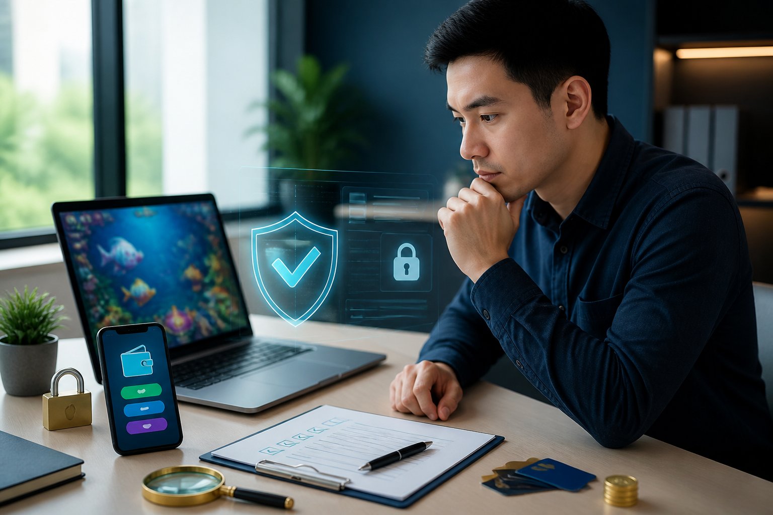 Seorang analis memeriksa laptop, ponsel, dokumen, dan simbol keamanan untuk menilai kredibilitas layanan digital.
