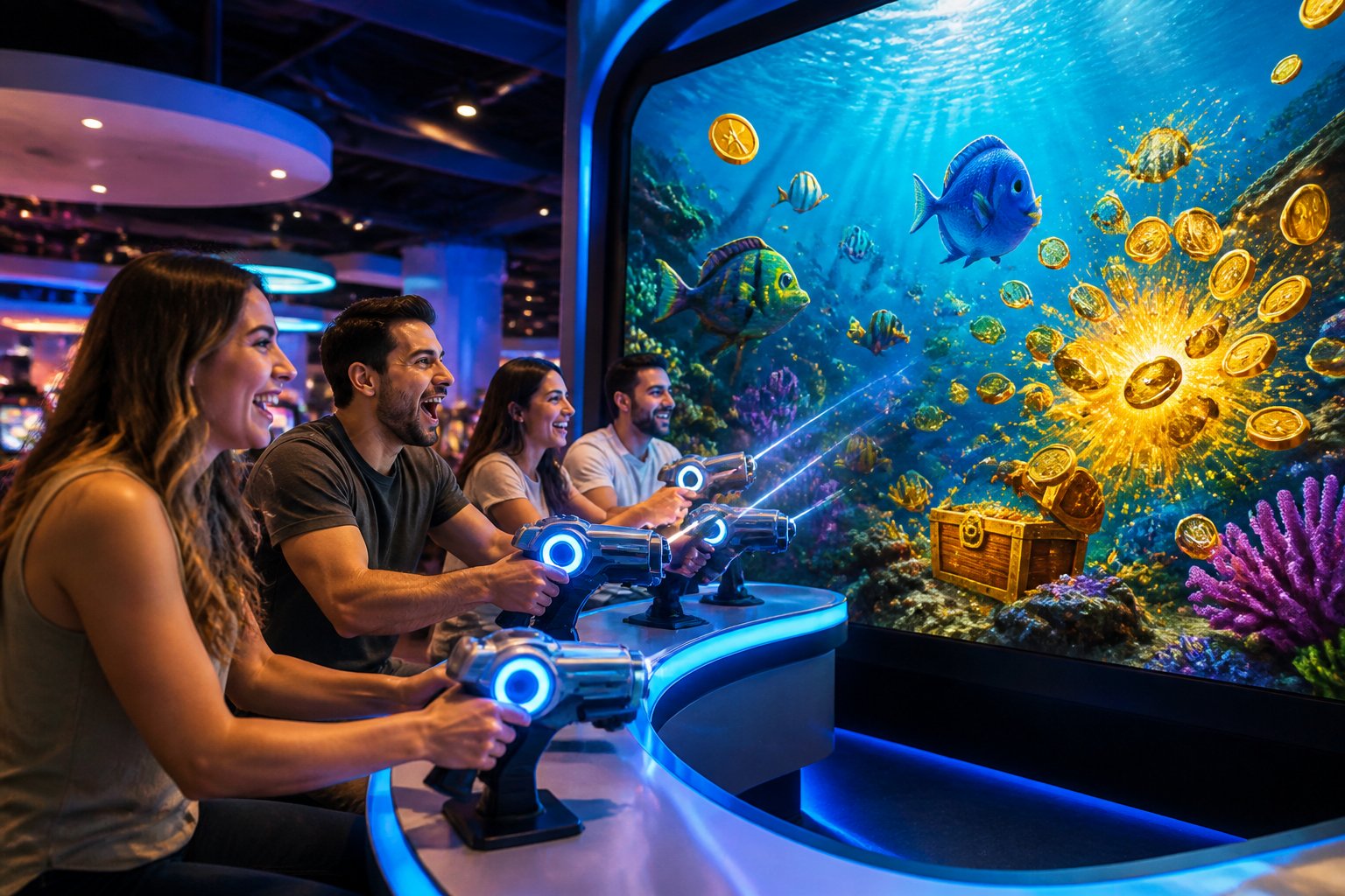 Beberapa orang dewasa bermain gim arcade bertema ikan besar dengan efek cahaya dan koin emas di layar.