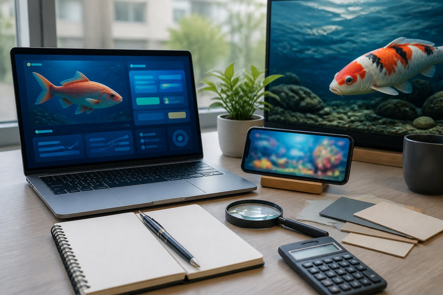 Meja kerja modern dengan laptop, ponsel, kalkulator, buku catatan kosong, dan gambar ikan besar sebagai simbol penilaian platform hiburan.