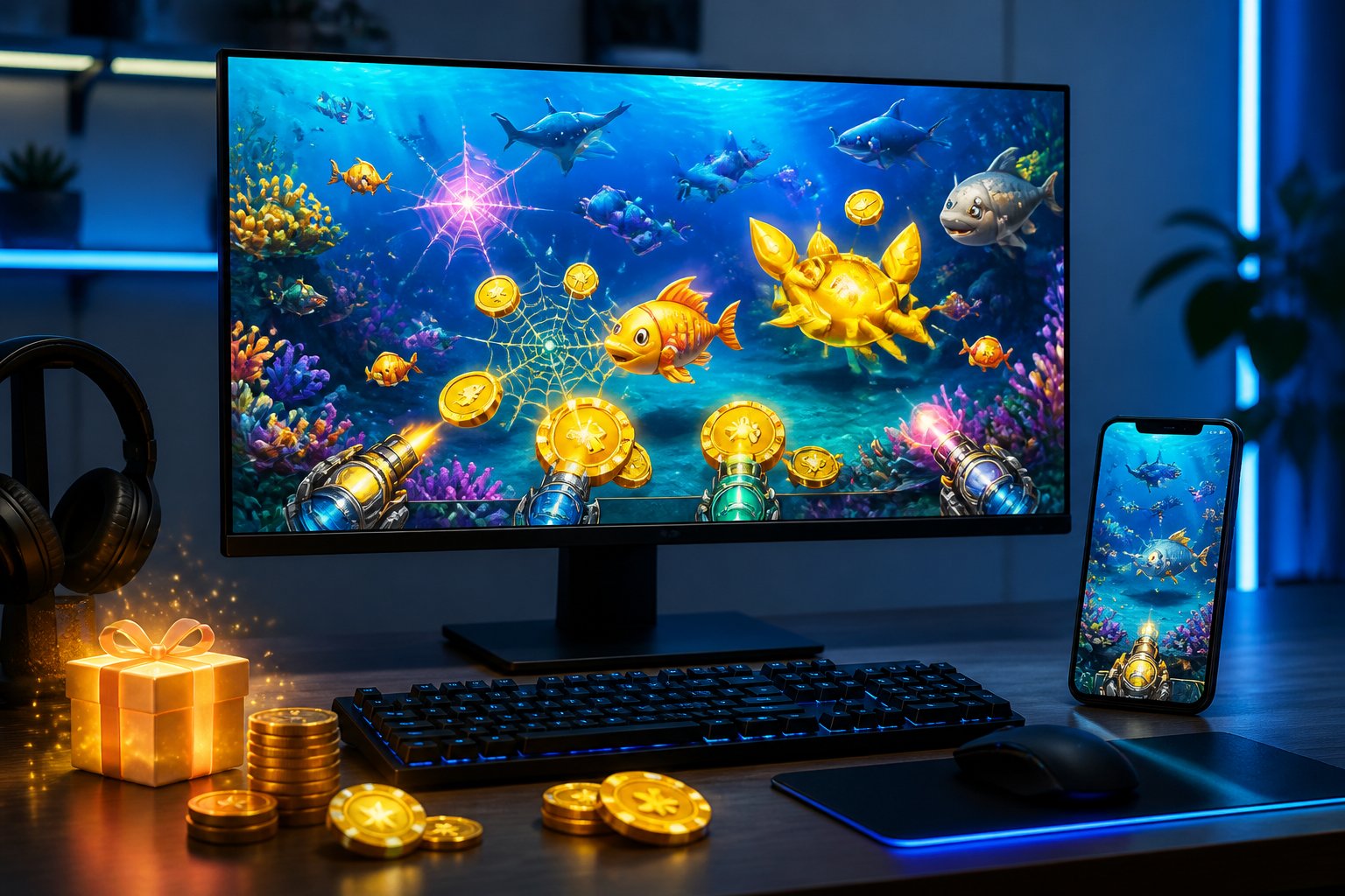 Monitor dan ponsel menampilkan permainan memotret ikan bawah laut dengan koin serta hadiah di meja modern.