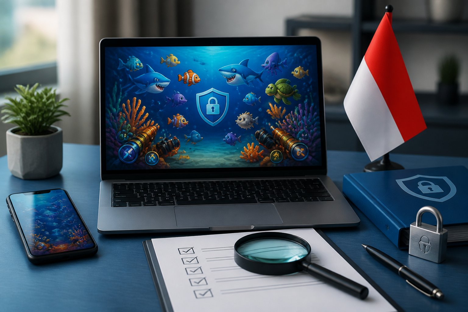 Laptop menampilkan permainan tembak ikan digital dengan simbol keamanan, disertai dokumen pemeriksaan dan aksen bendera Indonesia.