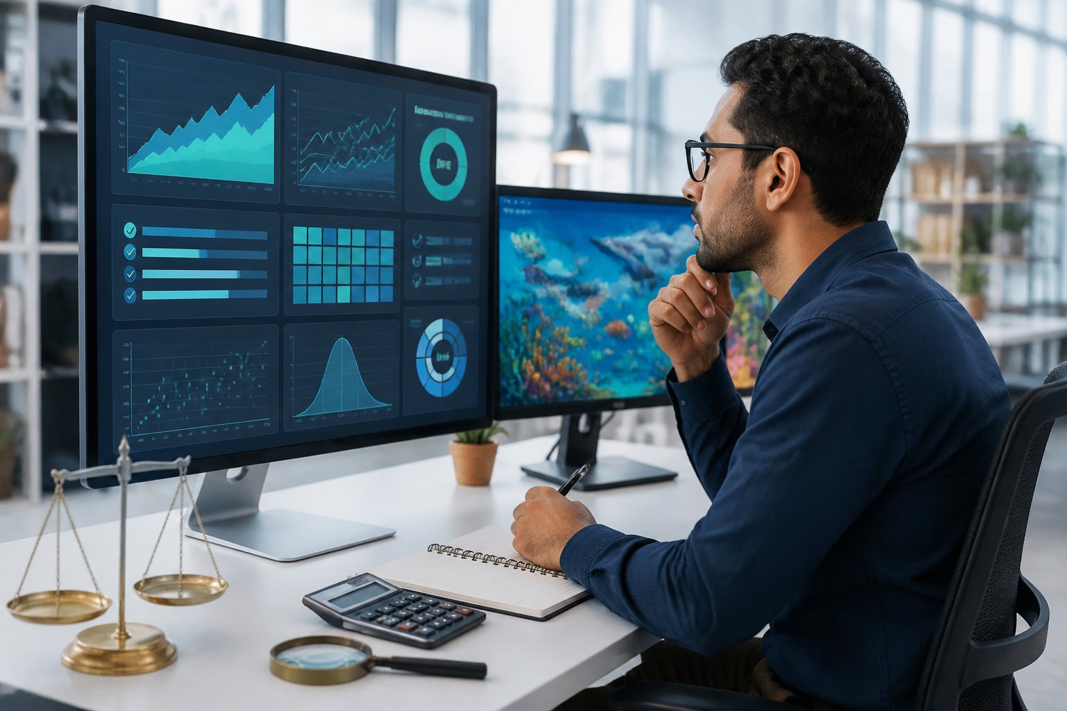 Seorang analis memeriksa data grafik dan simbol verifikasi di meja kerja modern.