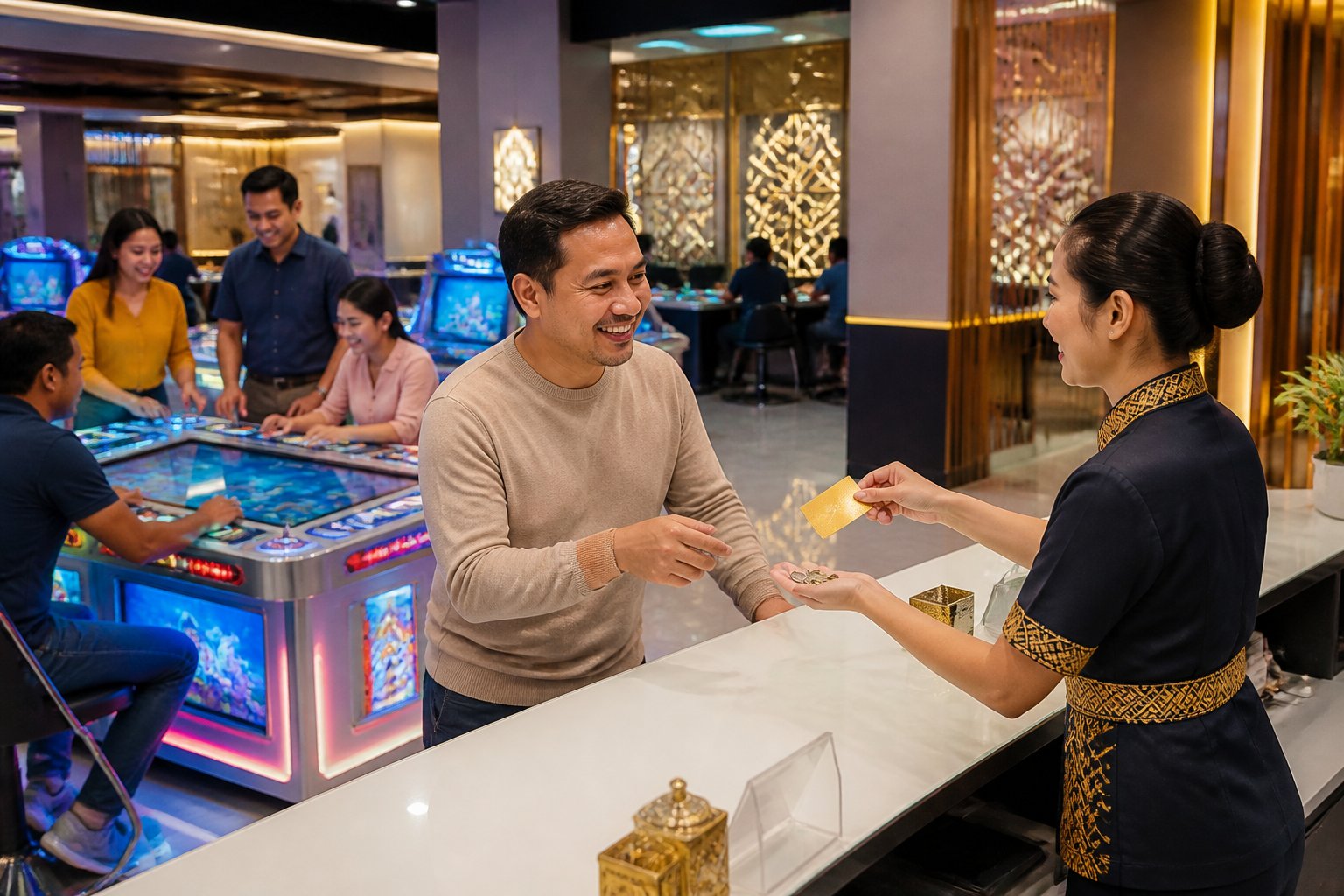 Orang dewasa bermain mesin permainan ikan di tempat hiburan modern sambil menerima kartu loyalitas dan hadiah dari staf.