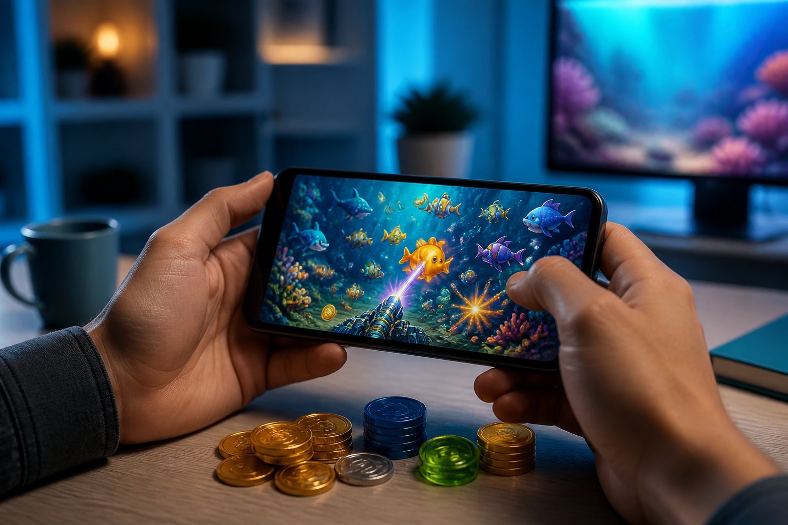 Seseorang memainkan permainan memancing ikan virtual di ponsel dengan latar bawah laut berwarna biru dan token permainan di meja.