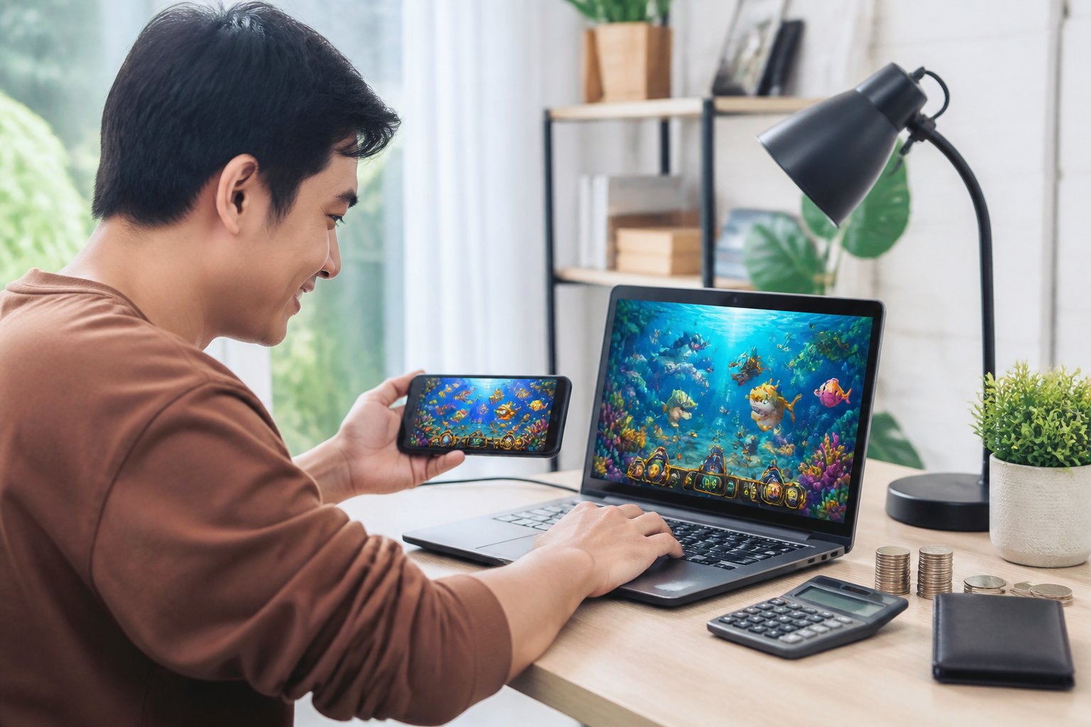 Seorang pemain menggunakan laptop dan ponsel untuk bermain gim bawah laut dengan koin dan kalkulator di meja.