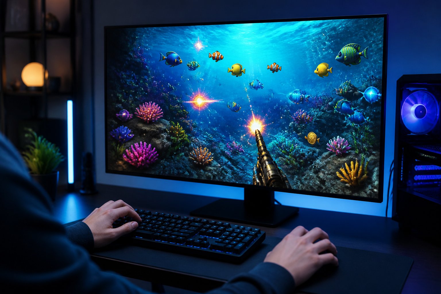 Monitor menampilkan permainan arkade bawah laut dengan ikan tropis dan terumbu karang, sementara tangan pemain berada di depan komputer.