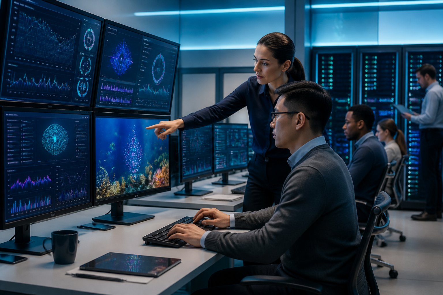 Tim teknis menyatukan kinerja server dan grafik stabilitas di pusat operasi modern.