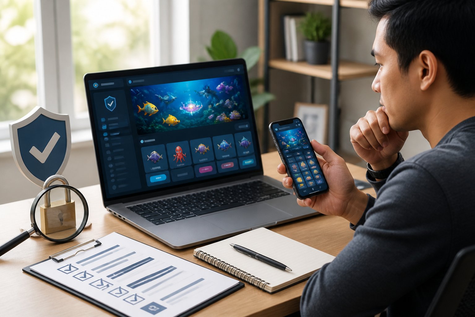 Seseorang memeriksa keamanan dan kredibilitas platform permainan online menggunakan laptop dan ponsel.