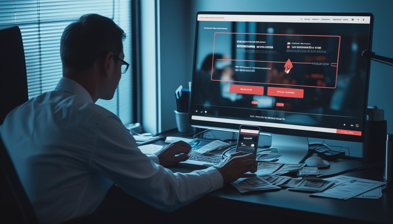 Seseorang memeriksa laptop dan ponsel dengan tanda peringatan terkait situs poker online mencurigakan.