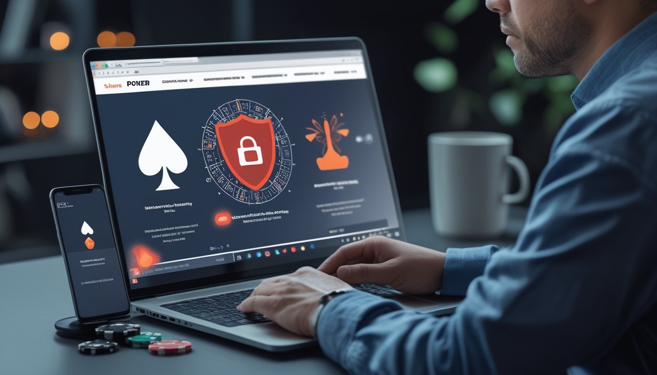 Seorang pengguna yang memeriksa situs poker online mencurigakan di laptop dengan simbol peringatan keamanan dan pembayaran.