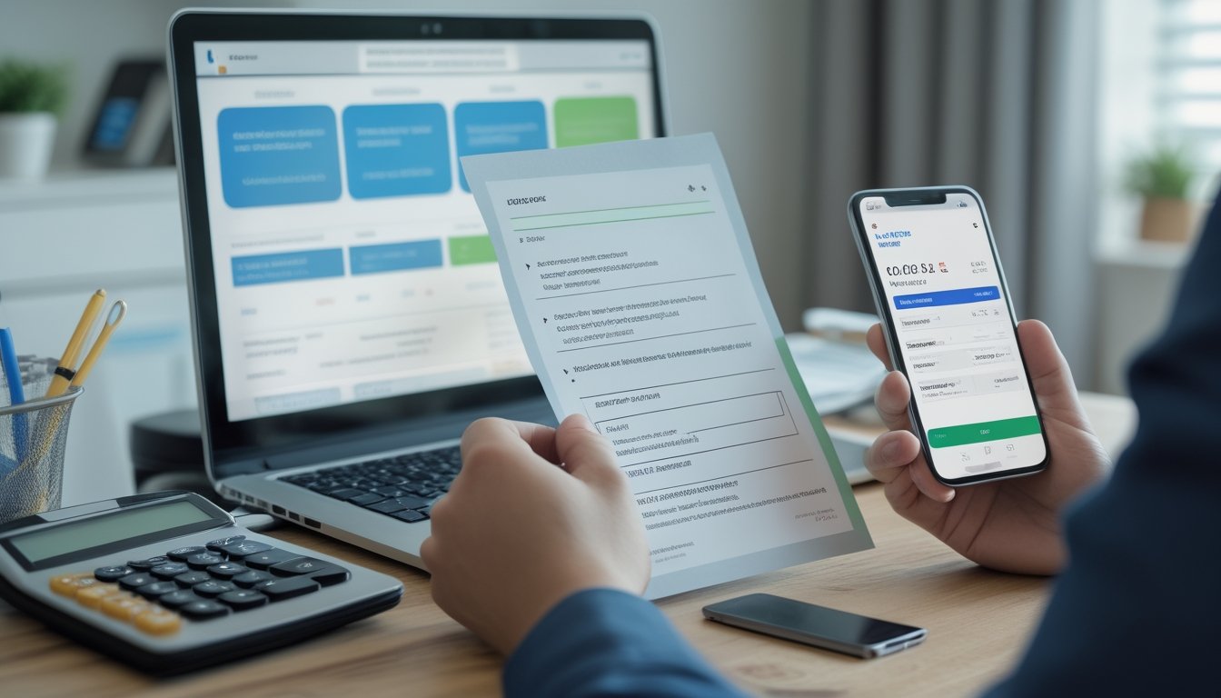 Seseorang memeriksa daftar persyaratan bonus di meja kerja dengan laptop dan ponsel.