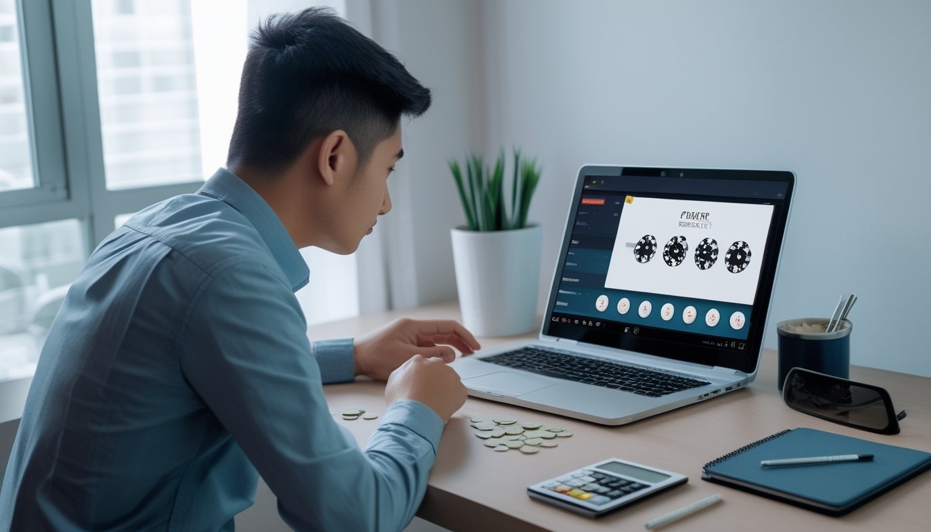 Pemula mempelajari pengelolaan modal dan risiko taruhan poker di meja kerja.