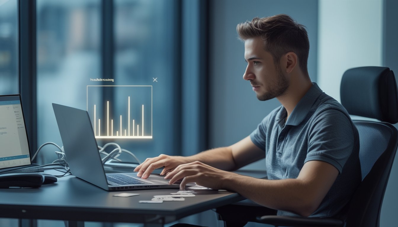 Pemain dewasa bermain poker online di laptop dengan router dan koneksi internet yang tampak stabil.