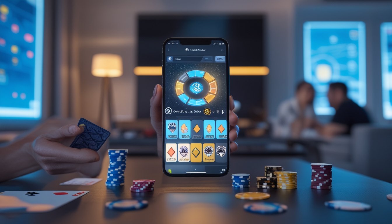 Seorang dewasa menggunakan aplikasi poker di ponsel dalam suasana modern dan nyaman.