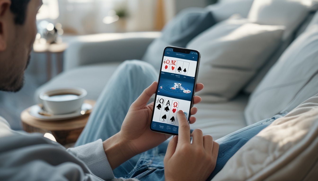 Seseorang bermain poker melalui ponsel sambil duduk nyaman di sofa.