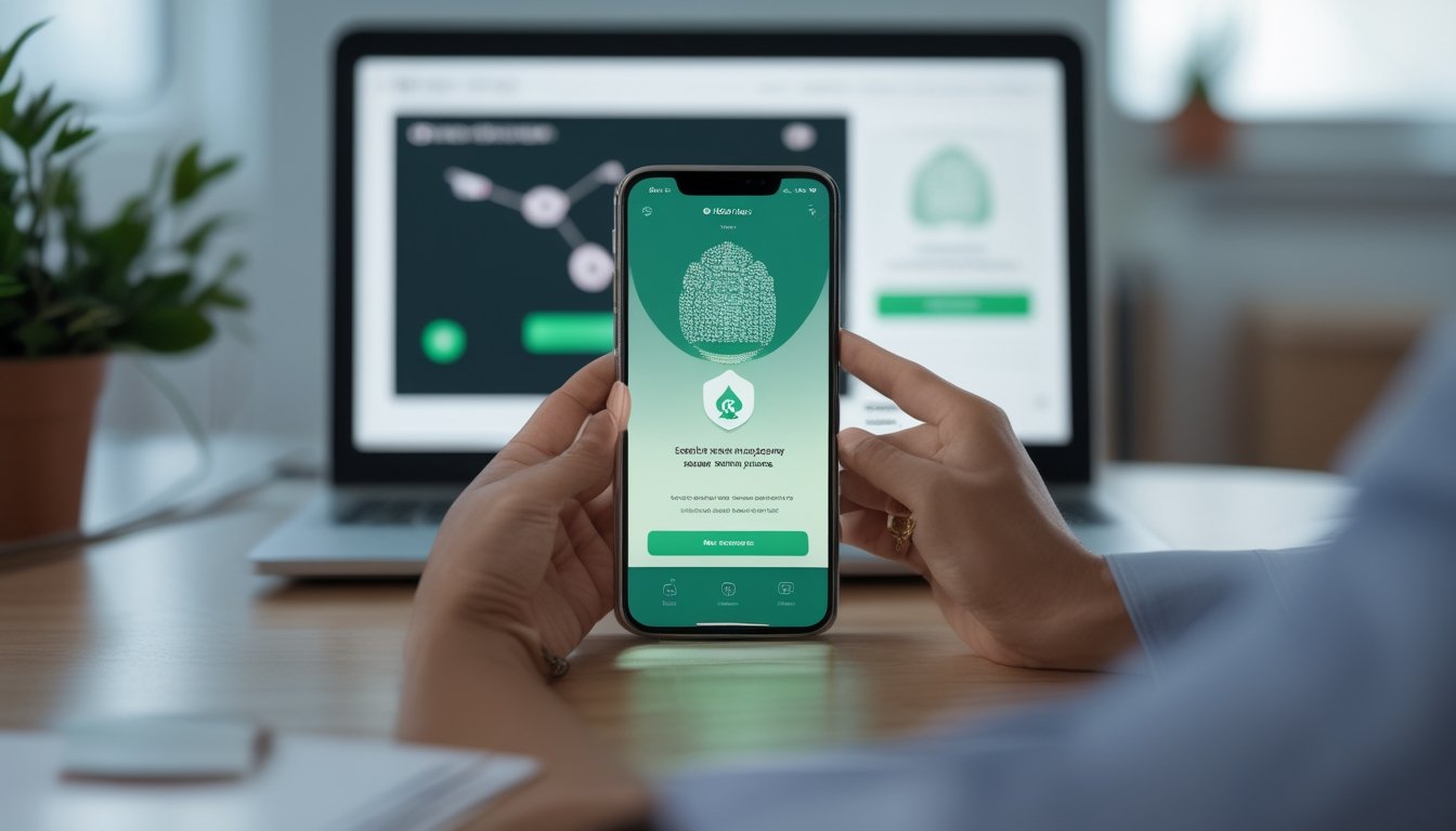 Seseorang menggunakan ponsel untuk melakukan pembayaran QR di samping laptop dengan tampilan permainan kartu digital.
