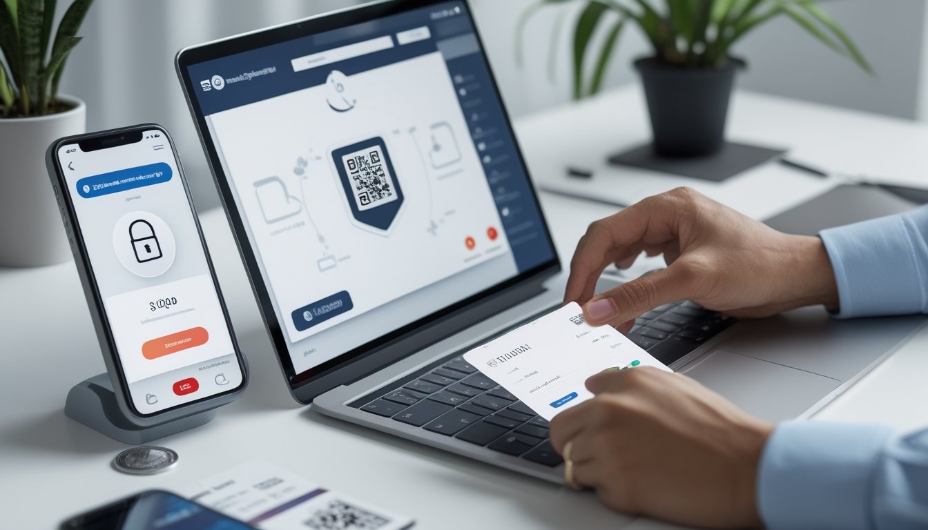 Seseorang memeriksa pembayaran digital melalui kode QR di ruang kerja modern.