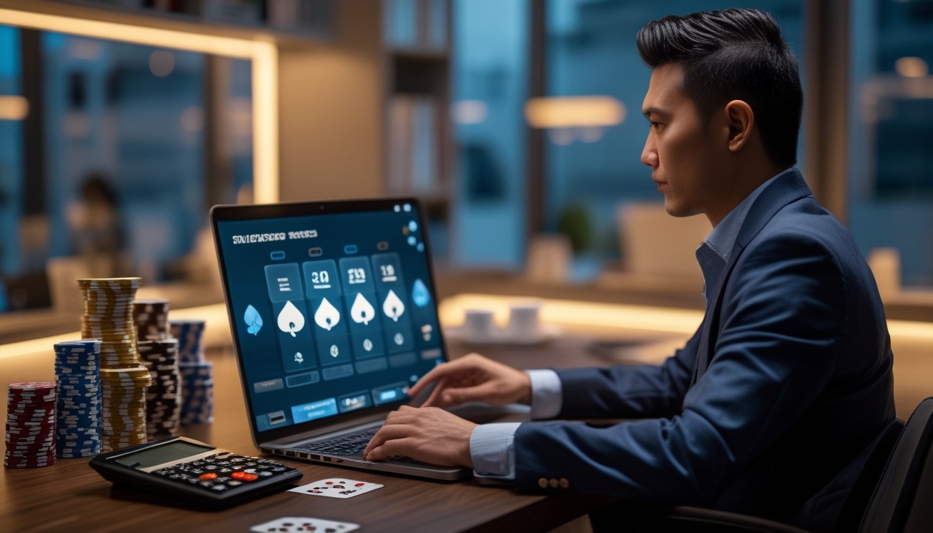 Seorang pria dewasa menganalisis permainan poker bold di laptop dengan kartu dan menyimpan poker di meja.