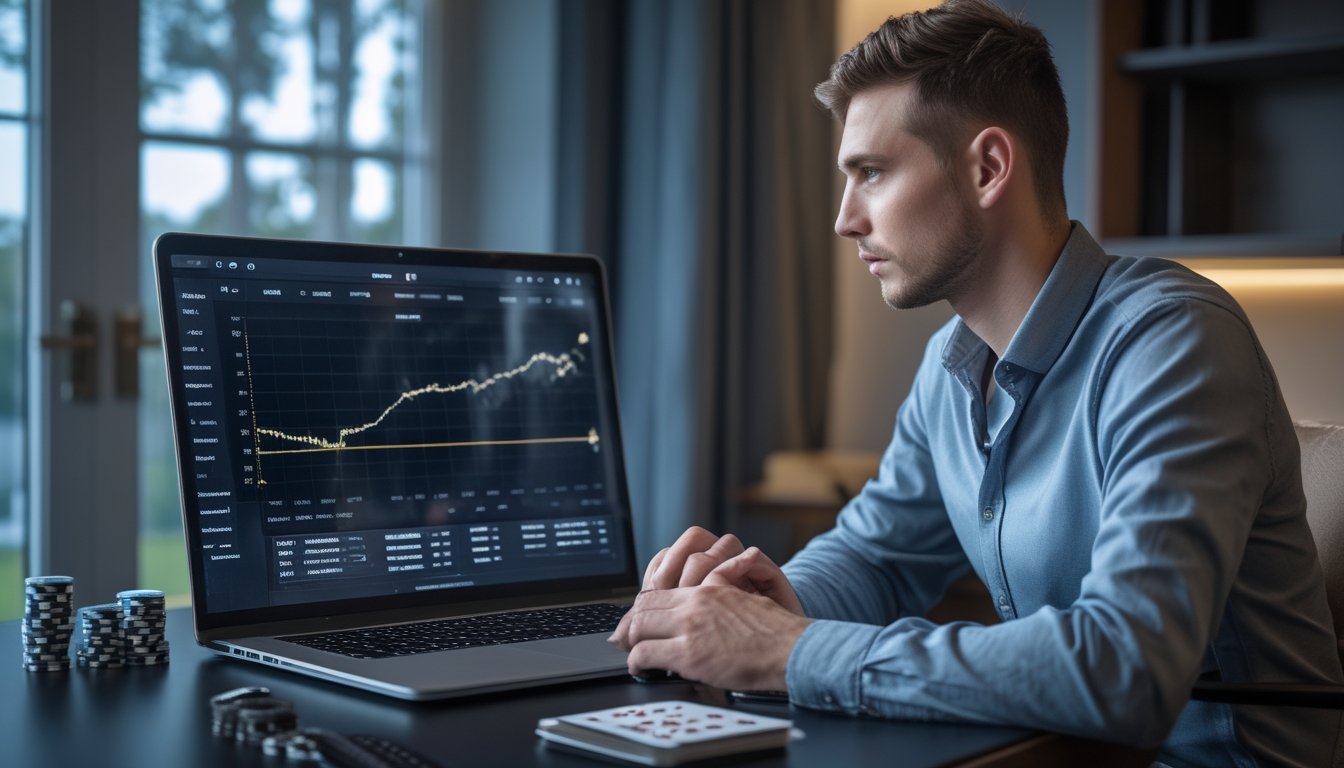 Seorang pemain poker menganalisis grafik peluang dan tumpukan chip di depan laptop.