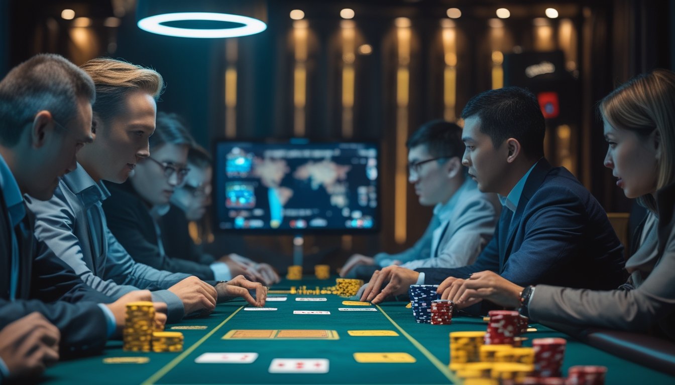 Pemain dari berbagai negara mengikuti turnamen poker internasional di meja dengan kartu dan keping poker.