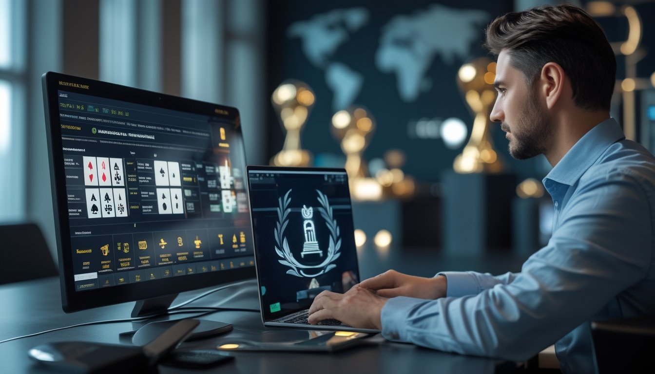 Seorang analis mengulas keamanan dan kredibilitas operator poker online melalui perangkat digital di ruang kerja modern.