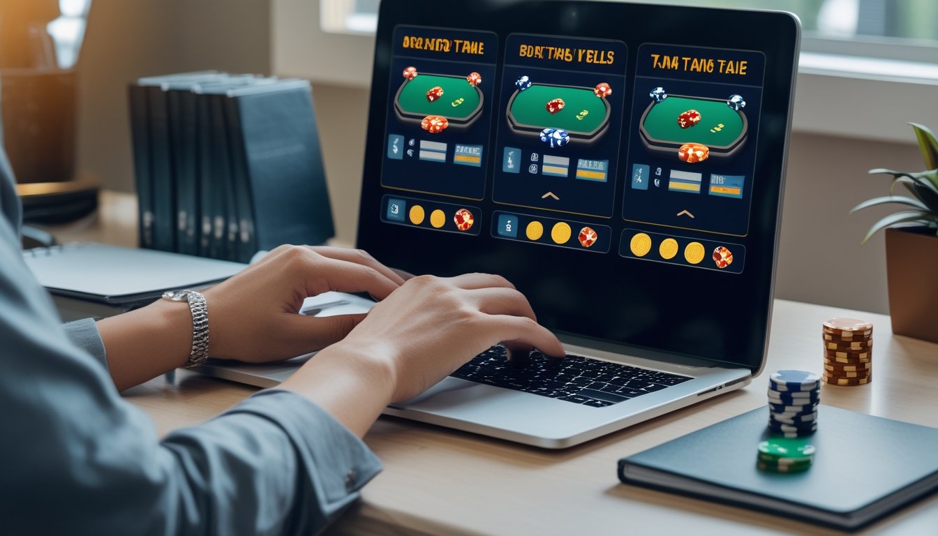 Seorang pemain poker dewasa meninjau pilihan meja taruhan di laptop dengan beberapa tumpukan chip yang melambangkan tingkat modal berbeda.